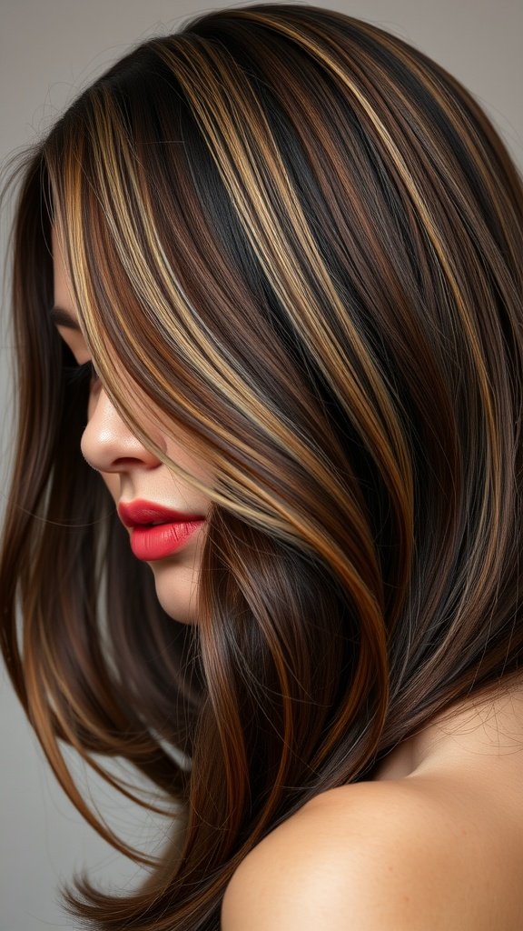 A woman with deep mahogany hair featuring champagne blonde highlights styled in soft waves.