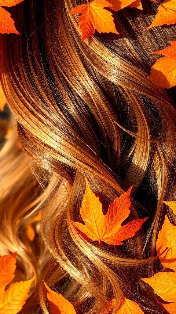 Close-up of wavy hair in deep pecan hues with orange leaves scattered on top
