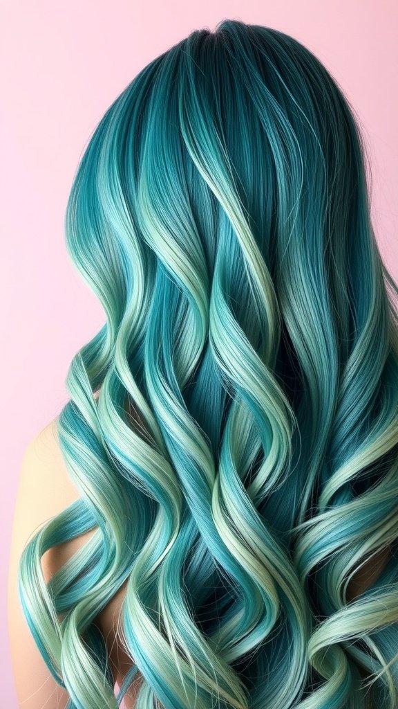A hairstyle featuring a deep teal to mint green ombre with wavy texture.