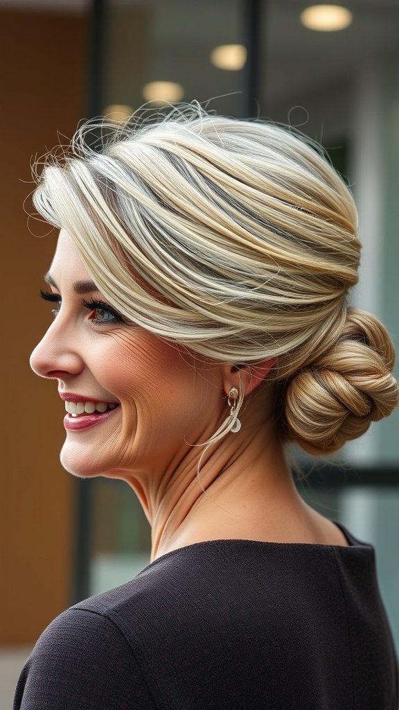 A woman with a low bun hairstyle and wispy side locks, smiling and wearing earrings.