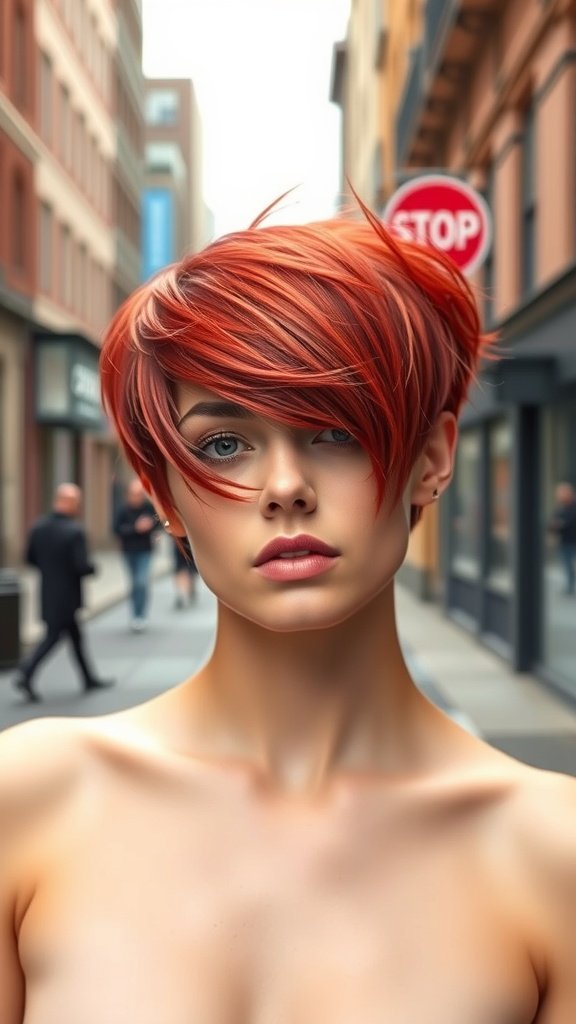 A model with a fiery red short-shag pixie cut, showcasing a bold and modern hairstyle.
