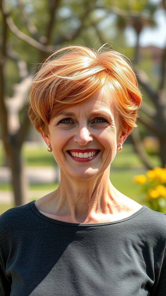A woman with a flirty pixie cut and long top layers, smiling outdoors.