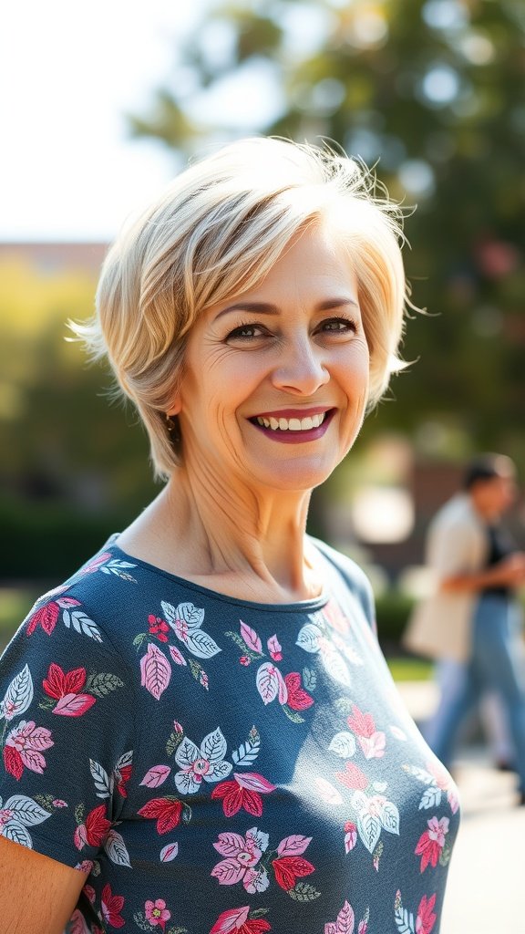 A woman with a flirty pixie cut and long top layers, smiling outdoors.