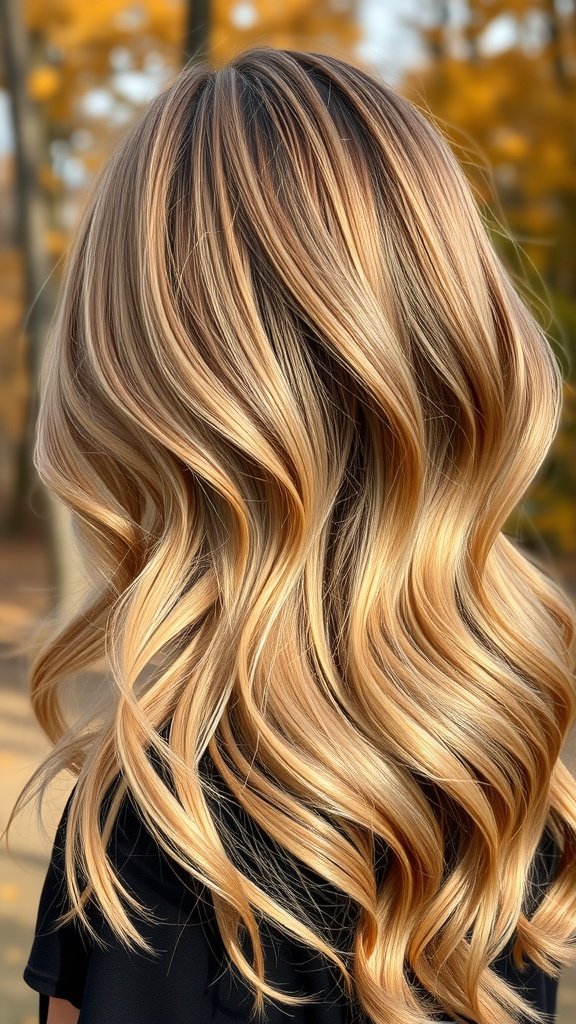 A beautiful golden bronze blonde balayage hairstyle with soft waves