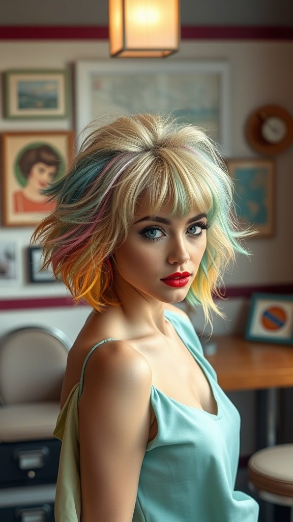 A woman with heavily-layered retro shag haircut featuring colorful highlights, wearing a light blue top and bold red lipstick.