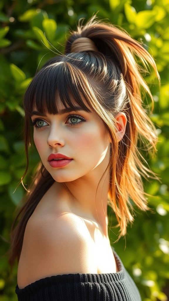 A woman with a high ponytail and face-framing bangs, showcasing a stylish hairstyle.