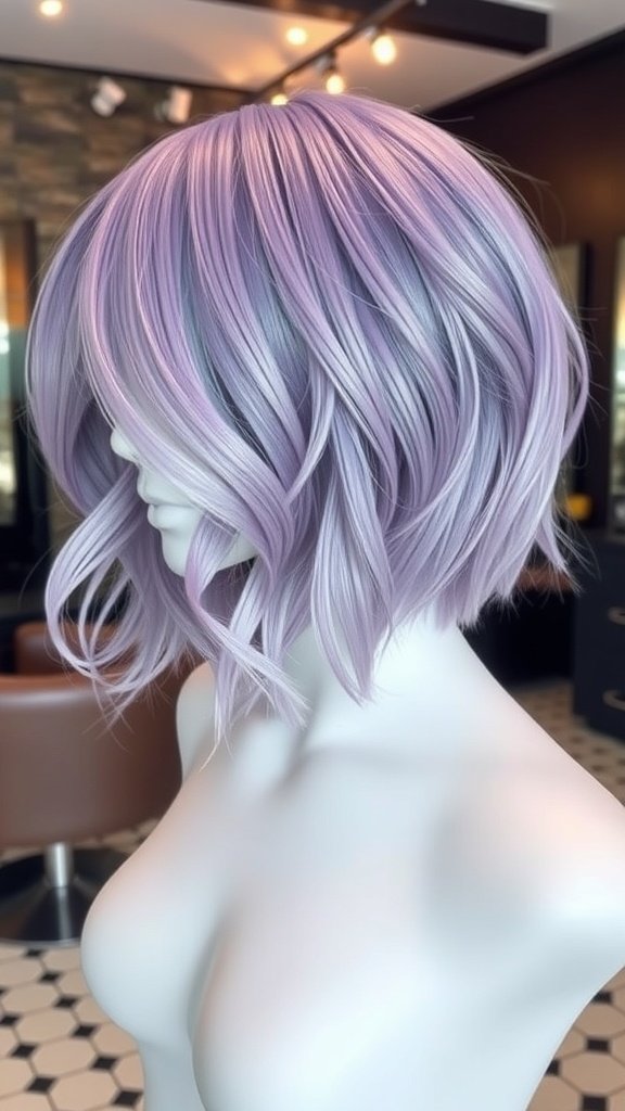 A lavender balayage textured bob hairstyle displayed on a mannequin.