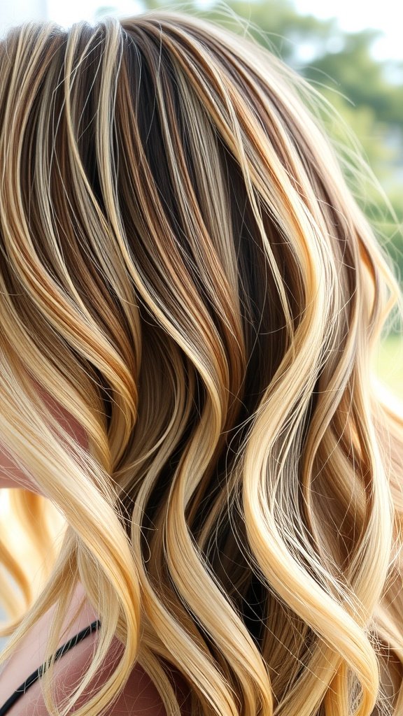 Light brown hair with creamy blonde streaks styled in soft waves