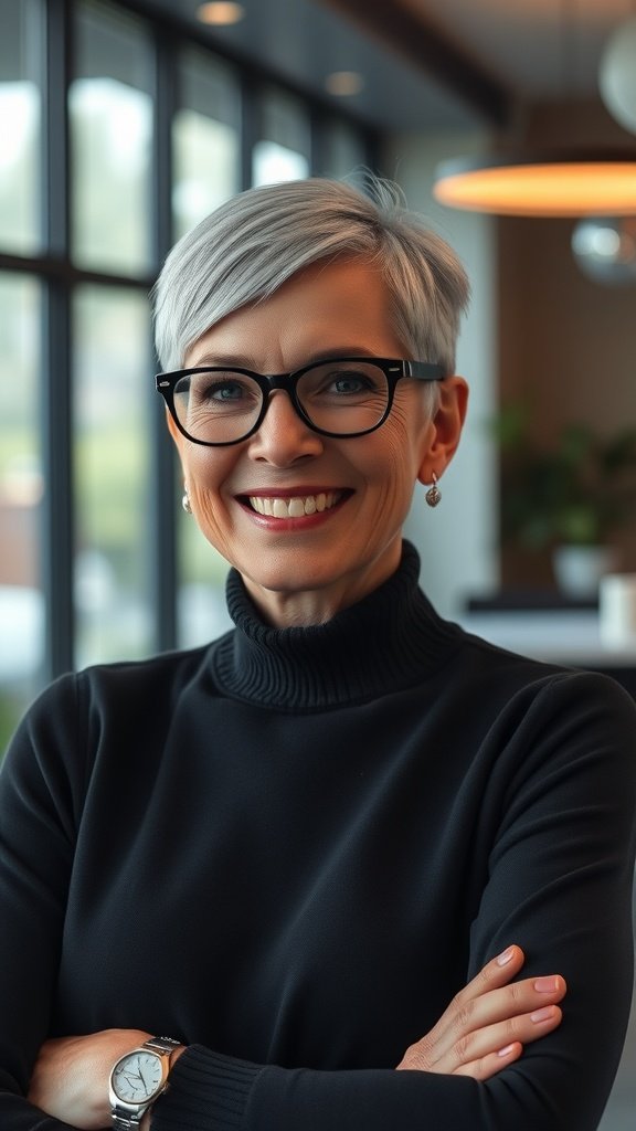 A woman over 50 with a buzz cut and glasses, smiling confidently.
