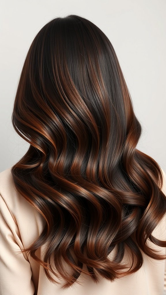 A woman with dark brown hair styled in loose waves, featuring mahogany ombre highlights.