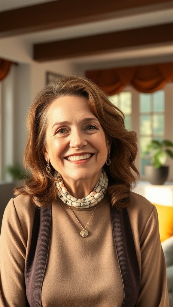A woman with medium length chestnut brown hair styled in soft waves, smiling warmly.