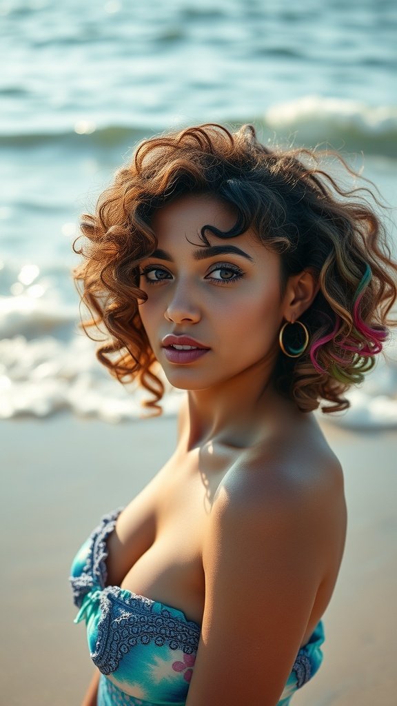 A woman with shoulder-length curly hair styled in mermaid waves, standing by the beach.