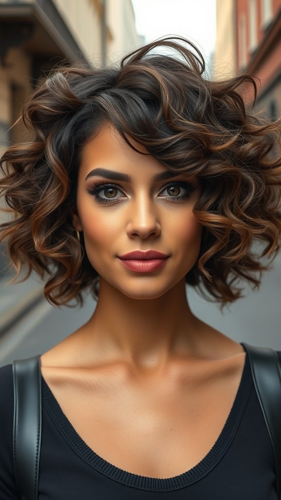 A woman with a messy curly bob hairstyle, showcasing natural curls and a playful look.