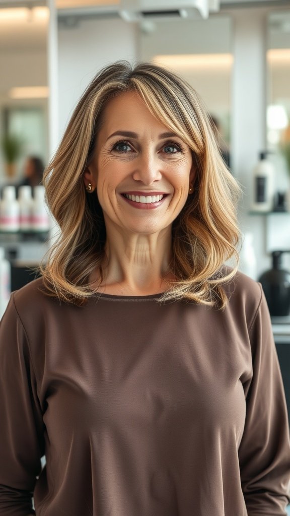 A woman with mid-length hair styled with slight flip ends, smiling in a salon.