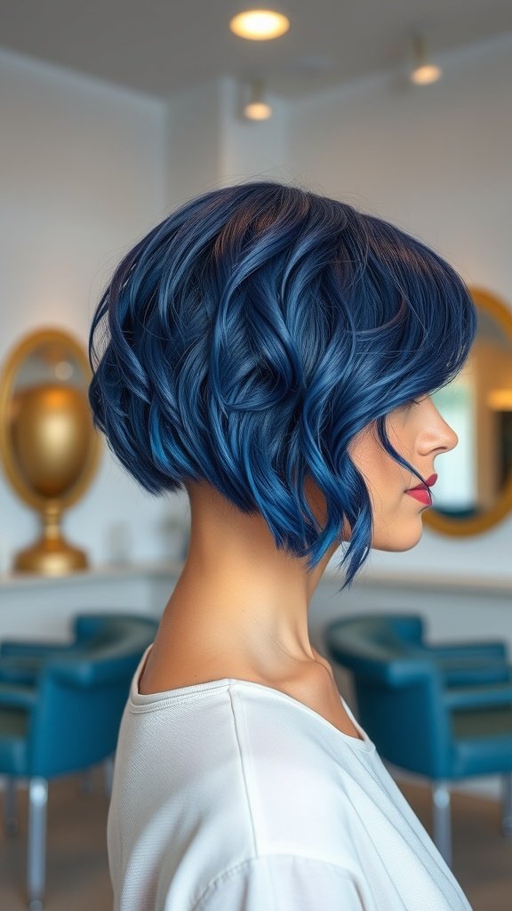 A stylish midnight blue wavy bob hairstyle with an undercut, showcasing a modern and edgy look.