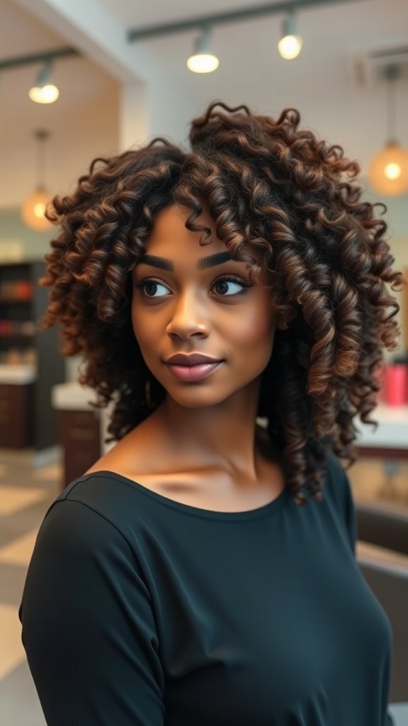 A woman with natural curls styled in an asymmetrical sweep, showcasing a modern and playful hairstyle.