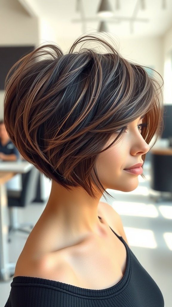 A woman with a feathered bob hairstyle, showcasing layers and volume.