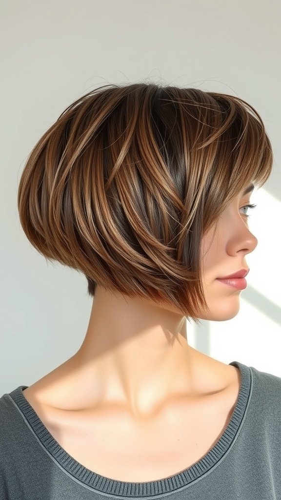 A model showcasing a Pixie Bob haircut with soft fringe, featuring layered texture and a modern style.