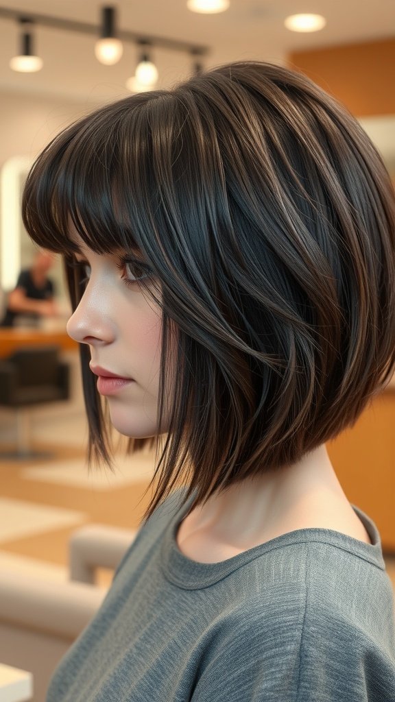 A woman with a razor cut bob hairstyle featuring a fringe, showcasing a modern and stylish look.