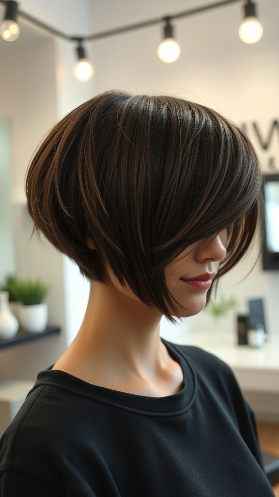 Razor cut bob hairstyle with side swept bangs
