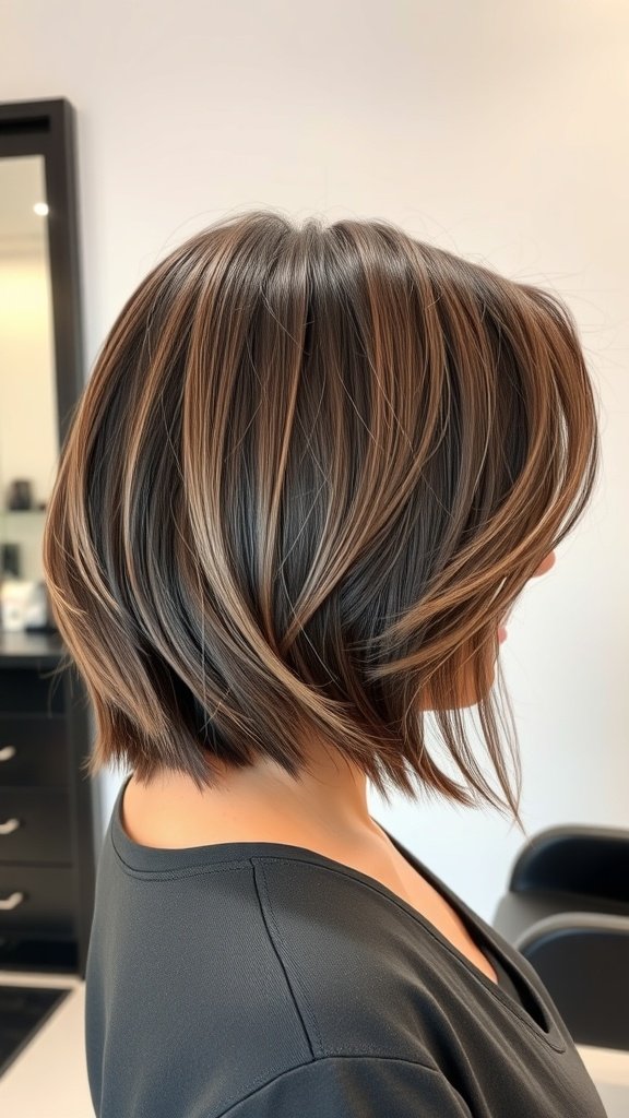 A woman with a razored lob haircut featuring feathered ends, showcasing a blend of dark and light hair colors.
