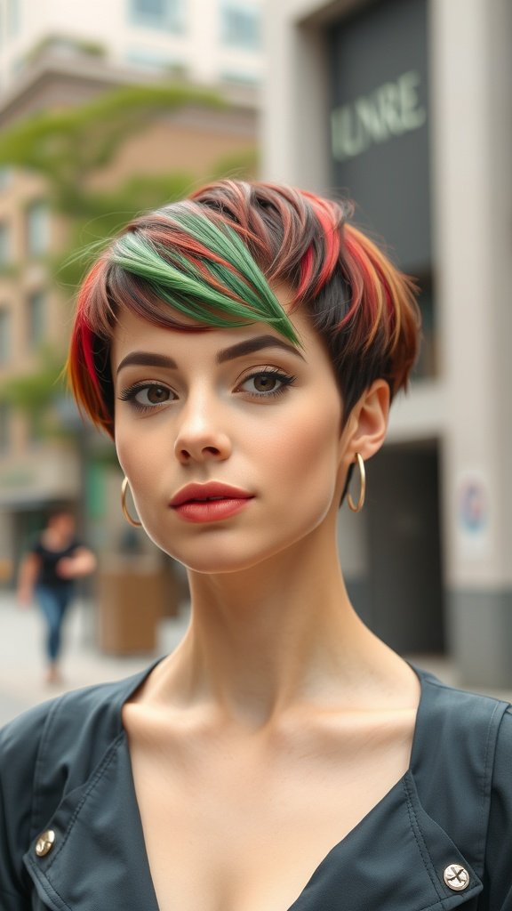 A woman with a razored pixie haircut featuring an asymmetrical fringe and vibrant colors.