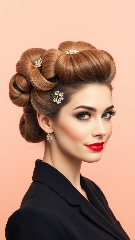 A woman with a retro updo featuring victory rolls, adorned with decorative hairpins and wearing bold red lipstick.