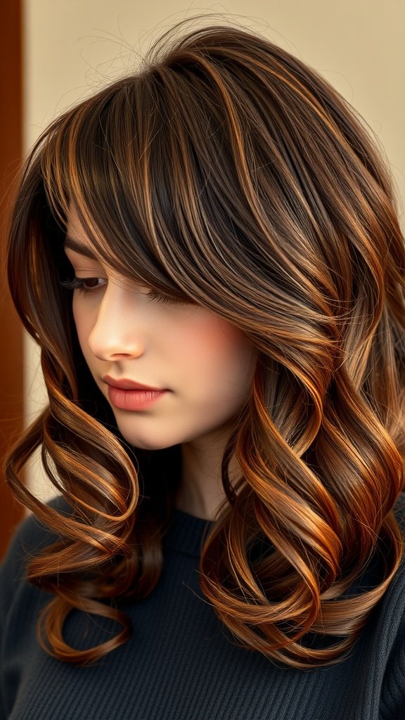 Brunette lob hairstyle with rich caramel highlights and soft curls