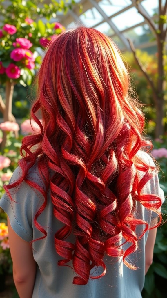 A woman with vibrant rosy red curls, standing in a garden filled with flowers.
