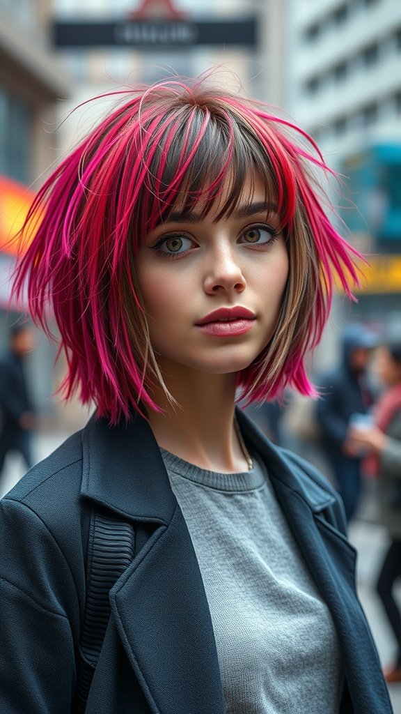 A young woman with a shaggy bob hairstyle featuring pink highlights, standing in an urban setting.
