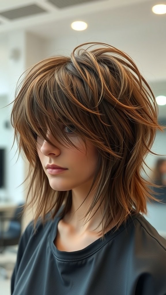 A woman with shaggy mullet hairstyle featuring wispy strands, showcasing a trendy and voluminous look.