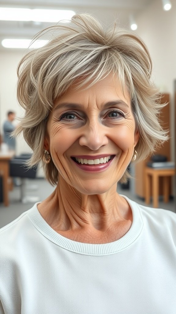 A smiling older woman with short shaggy layers hairstyle, showcasing a lively and youthful look.