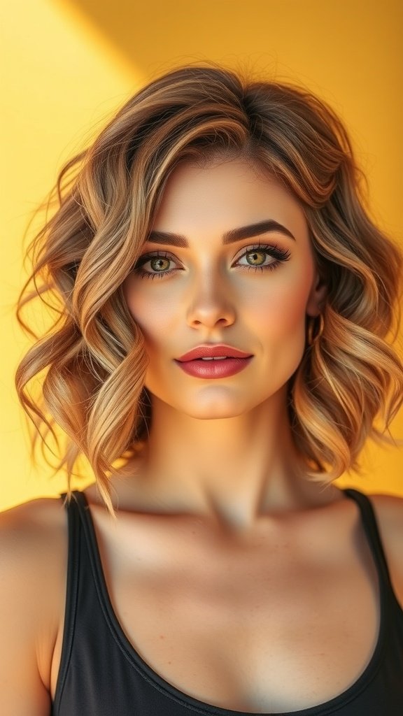 A woman with shoulder-length curly bob hairstyle and bangs, smiling against a yellow background.