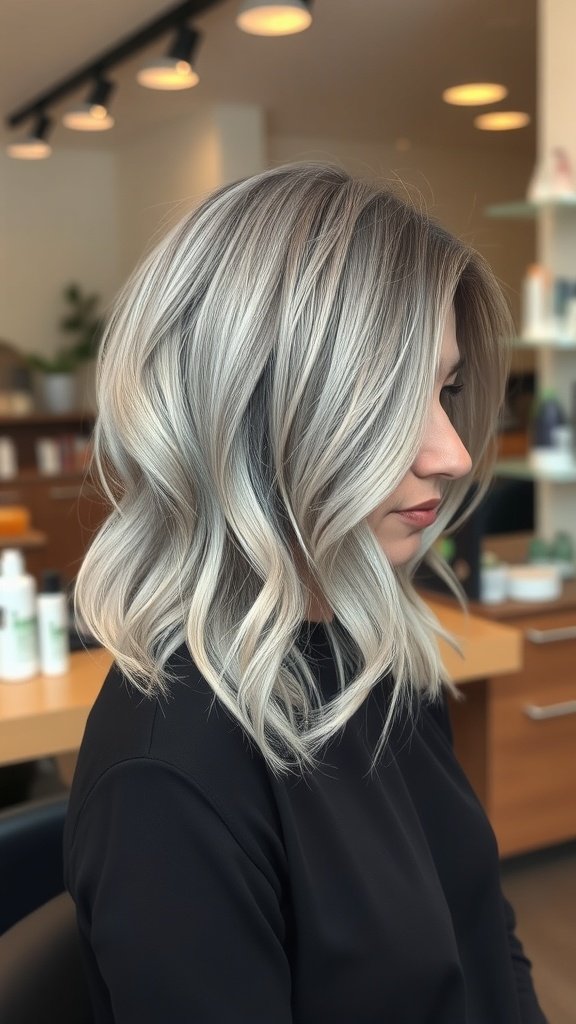 A woman with a silver lob haircut featuring soft waves and lowlights, showcasing a modern and stylish look.