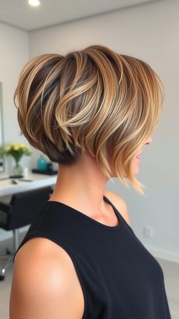 A sleek body wave perm on a pixie cut, showcasing soft waves and a modern look.