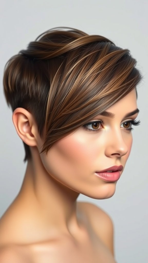 Sleek pixie hairstyle with a long side part