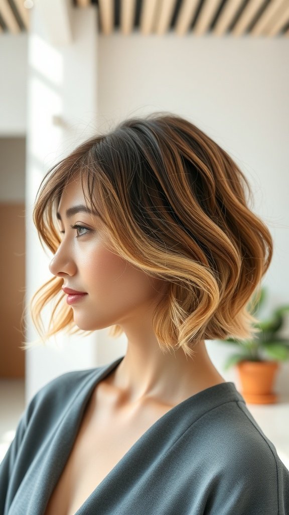 A woman with chin-length hair styled in soft waves and a middle part, showcasing a relaxed yet elegant look.