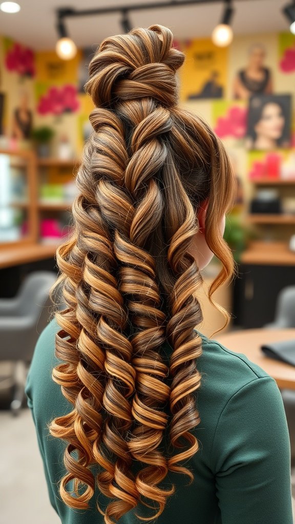 A woman with spiral curls styled in a high ponytail, showcasing vibrant hair colors.