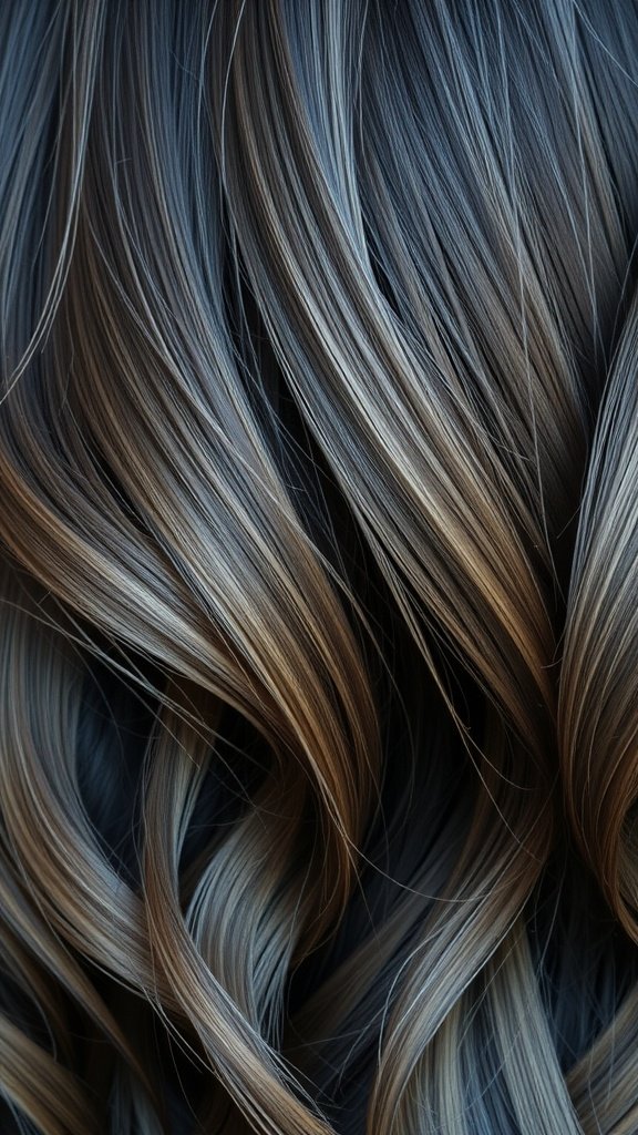 Close-up of dark hair with steel gray chunky highlights, showcasing waves and shine.