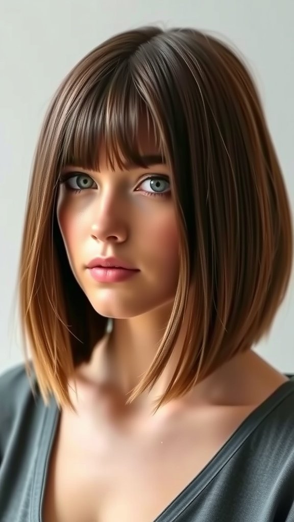 A woman with a straight lob hairstyle featuring subtle layers and bangs.