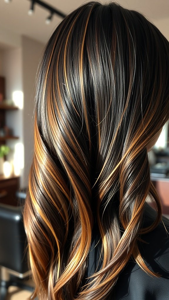 Dark brunette hair with subtle caramel balayage highlights styled in soft waves.