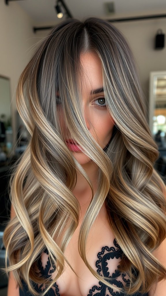 A woman with sultry smokey quartz hair styled in soft waves, showcasing rich brown tones with subtle highlights.