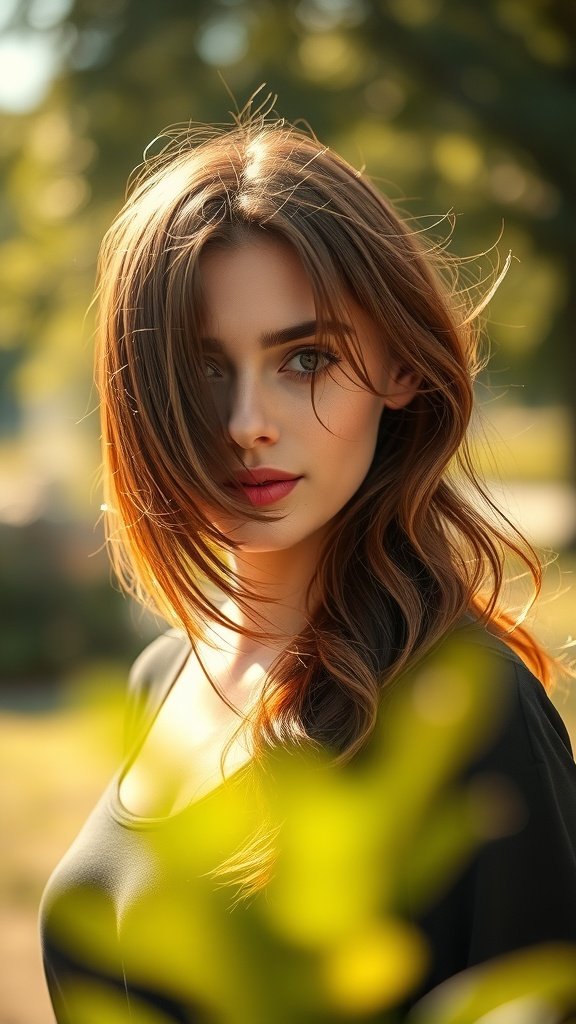 A woman with dark copper hair illuminated by sunlight, showcasing sunkissed tones.
