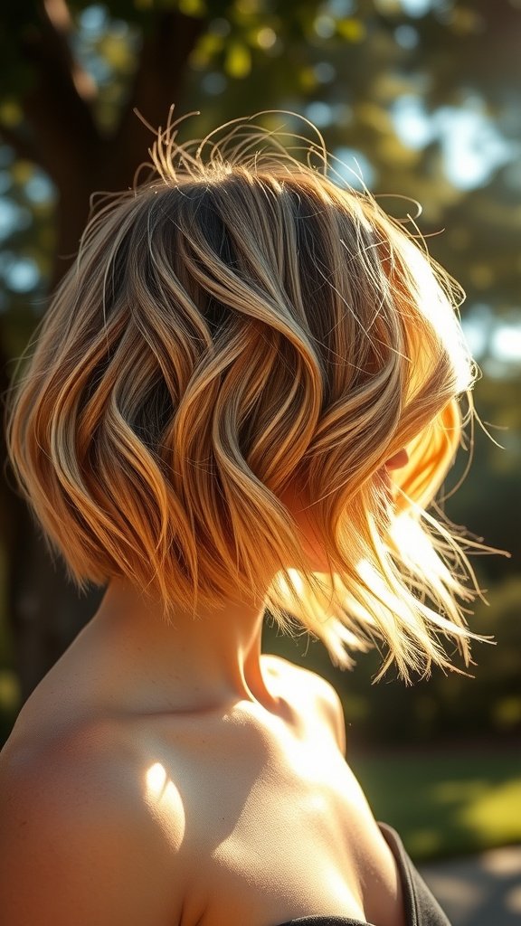 A woman with a sunkissed wavy bob haircut, featuring soft waves and an undercut, illuminated by sunlight.