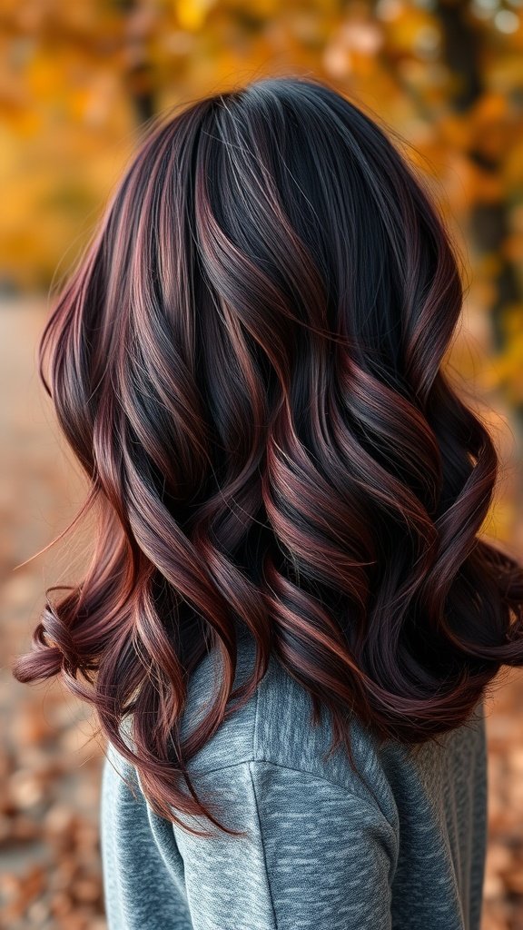A woman with textured burgundy hair and dark roots, styled in soft curls