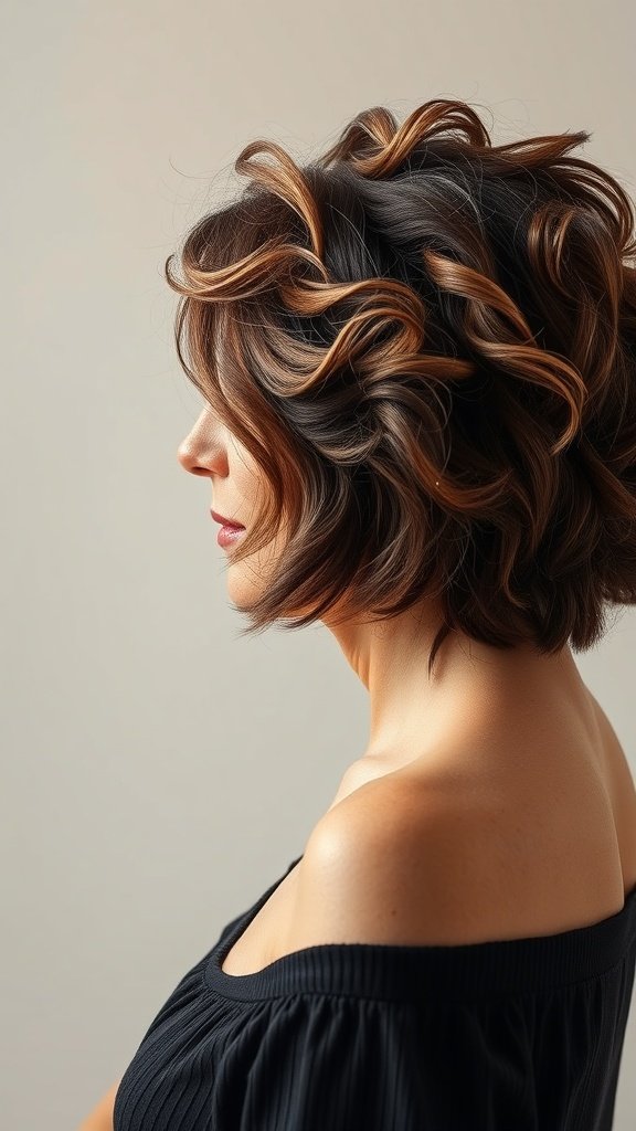A woman with a textured chin-length curly hairstyle, showcasing rich tones and volume.