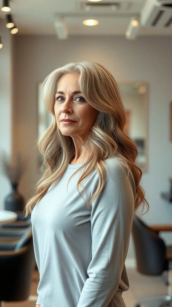 A woman with textured layers and side bangs, showcasing a stylish hairstyle.