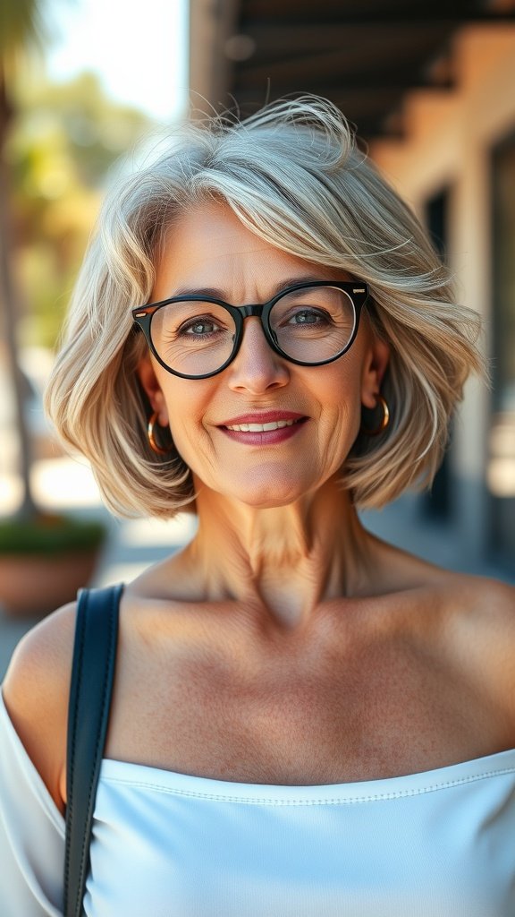 A woman over 50 with a tousled bob hairstyle and glasses, smiling outdoors.