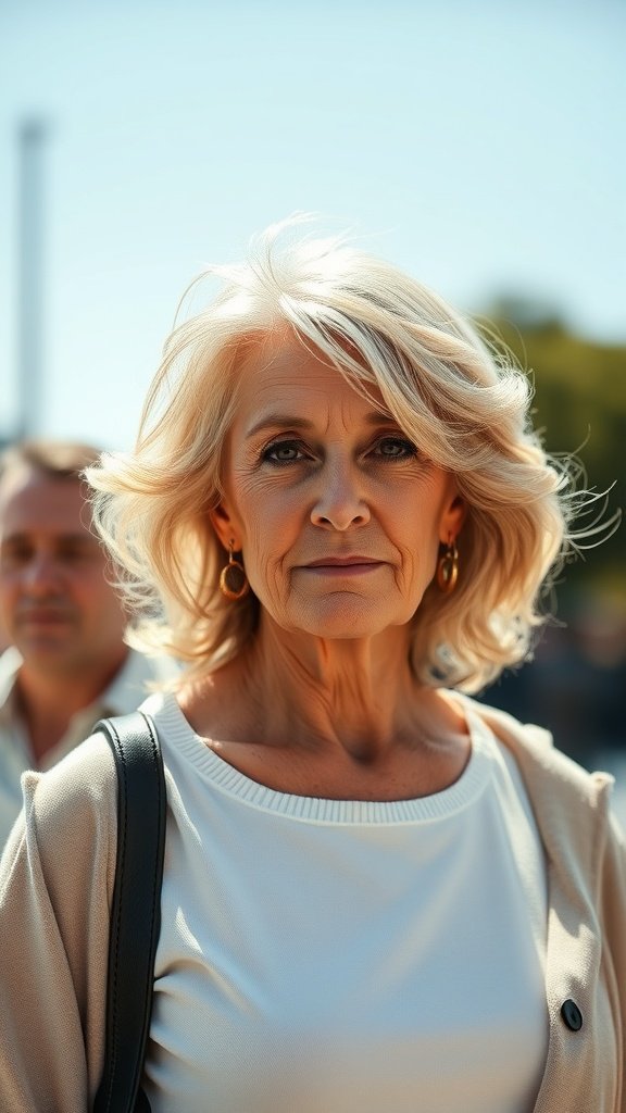 A woman over 70 with a tousled lob hairstyle featuring beachy waves, looking confident and stylish.