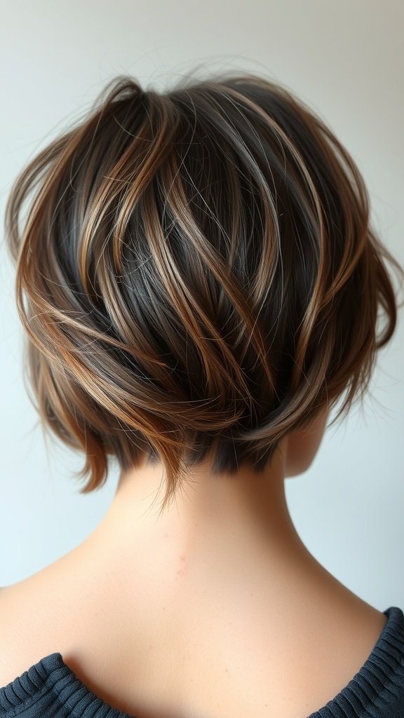 A woman with a tousled micro bob hairstyle, showcasing soft waves and no bangs.